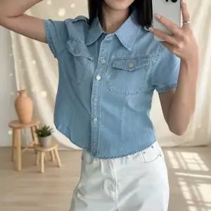 여성 반팔 청자켓 세미크롭 투포켓 스티치 여름용