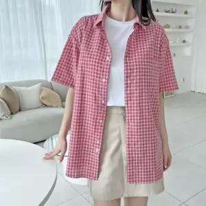 여성 여름 포켓 체크 패턴 남방 오버핏 반팔 셔츠