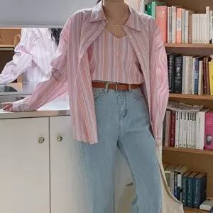 [옷자락]여성 브이넥 스트라이프 나시 셔츠 세트 남방 셋업