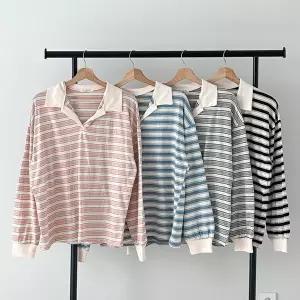 [옷자락]여성용 루즈핏 오픈카라 배색 스트라이프 면 티셔츠