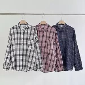 [옷자락]여성 체크 패턴 박시 긴팔 셔츠 포켓 힙 커버 가오리핏