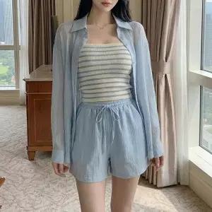 [옷자락]여자 여름 시스루 루즈핏 셔츠 단가라 나시 세트 남방