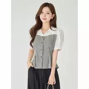 [하프클럽/모리스커밍홈]체크배색 트위드 페플럼 블라우스_M2605BL109B