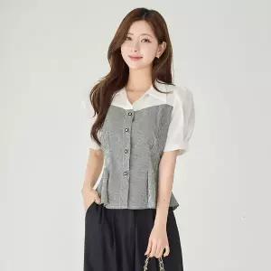 [모리스커밍홈] 체크배색 트위드 페플럼 블라우스_M2605BL109B