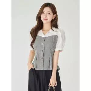 [하프클럽/모리스커밍홈]체크배색 트위드 페플럼 블라우스_M2605BL109B