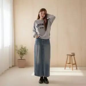 [옷자락]여성 빈티지 워시드 데님 롱스커트 뒷슬릿 Y2K 치마