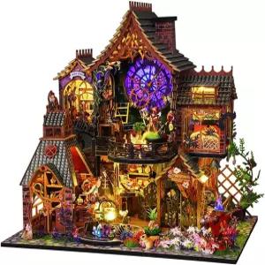 가구와 LED 조명이 있는 유진 DIY 인형의 집 먼지 덮개와 음악 무브먼트가 된 나무