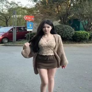여성 봄 레이스 나시 가디건 미니 스커트 세트 스타일