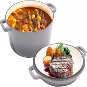 에나멜 주철 더치 오븐 냄비 6QT 1개 중 뚜껑 포함 - 큰 이중 손잡이 안전 최대 500°F 다용도 조리용 회색