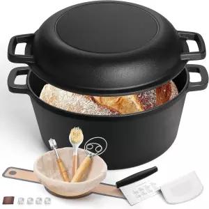 빵 굽기용 E-far 5QT 더치 오븐 프라이팬 뚜껑 및 사워도우 스타터 키트가 포함된 2-IN-1 주철 냄비 튀김