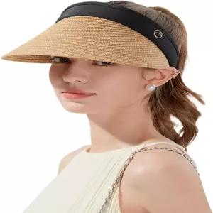 여성용 썬 바이저 모자 와이드 브림 밀짚 비치 포니테일 접이식 플로피