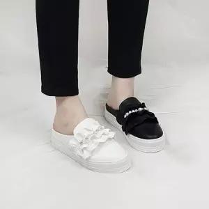 디아슈즈 미엘 국산 진주 큐빅 프릴 통굽 키높이 뮬 블로퍼 5cm