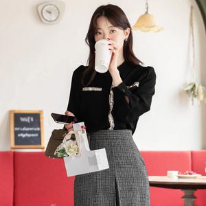 [시크라인] (~XL까지) 클로 트위드 배색 트리밍 진주 블라우스 겨울 베이직 긴팔 하객룩 오피스룩 격식룩 데이트룩