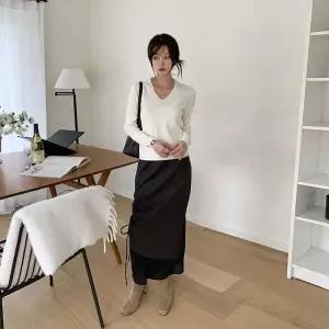 [하프클럽/]여자 레이어드 셔링 롱 스판 겨울 스커트 치마