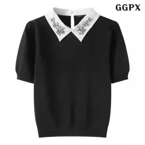 [GGPX]러블리 큐빅 자수 배색 벌룬 반팔 니트 (GQBKT015D)
