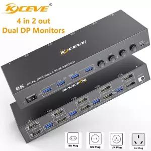 KCEVE 듀얼 모니터 KVM 스위치 DP USB3.0 지지대 4k  144Hz 4 PC 공유 2 디스플레이용 8K 디스플레이 포트