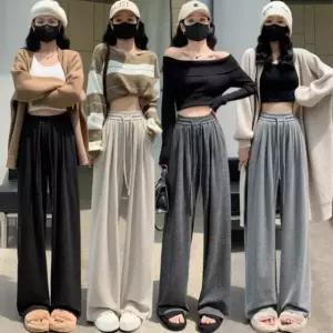 여성 밴딩 팬츠 와이드 트레이닝 면바지 루즈핏 스트링 일자 스판 바지 데일리 긴바지 캐주얼 빅사이즈