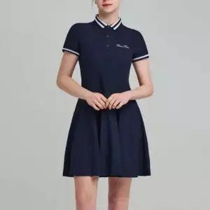 여성 여름 배색 라인 골프 카라 반팔 플레어 원피스