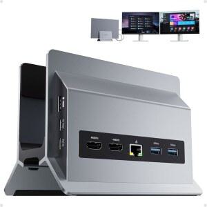 PULWTOP 노트북 도킹 스테이션 듀얼 모니터 11 in 1 수직 USB C 스탠드 HDMI 4K 60Hz 2개 A / 10Gbps 3개 USBA 5Gbps USB-A 2.0 이더넷 PD 3.0 타입-C 노트북용