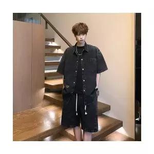 남자 반팔세트 트레이닝 복 빅사이즈 데님 셔츠 세트 살찌고 순면 반팔 반바지 캐주얼 붐 ST2