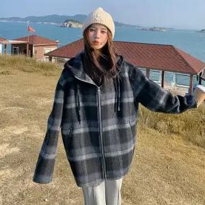 밴널스샵 여사친 울 체크 야구 잠바 리버시블 코트 후드 HO1
