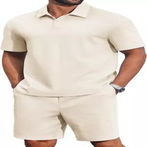 COOFANDY 남성용 투피스 캐주얼 코튼 반팔 폴로 셔츠와 반바지 세트 루즈핏 여름 운동복
