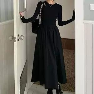 페이크 2중 펀칭 A라인 롱 원피스 올블랙 데이트룩