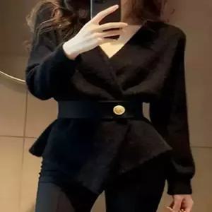 가을 여친 검정 니트 프렌치 브이넥 쇼트 탑 스웨터 KS3