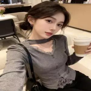 가을 이너 여사친 니트 그레이 러블리 브이넥 스웨터 레이스 탑 KS3