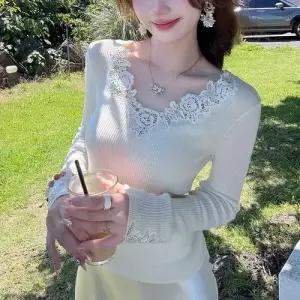 울 니트 여사친 가을 비주얼 레이스 자수 브이넥 KS3