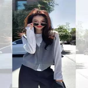 가을 여친 회색 니트 페이크 투피스 브이넥 긴팔 쇼트 톱 KS3