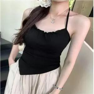 홀터넥 스타일 슬림핏 프리 스트랩 여성용 나시티셔츠