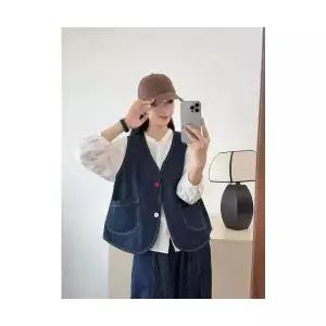 여성 조끼 캐주얼 솔리드 데님 빈티지 브이넥 싱글 민소매 톱 MF1