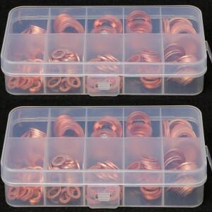 100200PCS 구리 와셔 개스킷 너트 및 볼트 세트 플랫 링 씰 모음 키트상자 포함 M5M6M8M10M12M14 섬프 플매