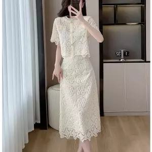 여성 사랑스러운 레이스 원피스 정장 여름 레이디 반팔 탑 하이 웨이스트 투피스세트 OOTD2