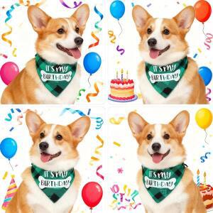 강아지 생일 반다나 체크무늬 삼각 스카프 IT'S MY BIRTHDAY 소형 중형 대형견 반려동물 의상 파티
