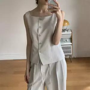 나나 모던 여름 스퀘어넥 베스트 데일리 민소매 조끼 린넨혼방 캐주얼 40대 여자
