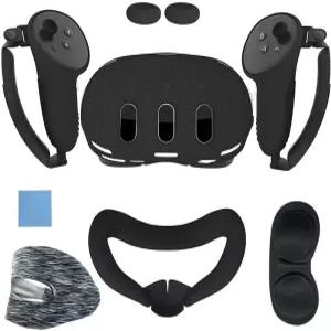 메타/오큘러스 퀘스트 3 VR 셋 쉘 커버 컨트롤러 그립 얼굴 인터페이스 보호 커버(블랙)와 호환되는 실리콘