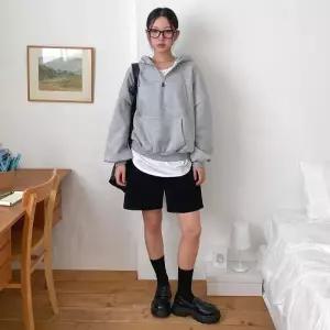 여성 루즈핏 후드티 반집업 기모 캥거루 포켓 후디