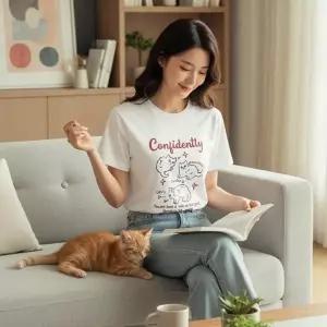 여자 내추럴 귀여운 데일리룩 냥이 프린트 반팔티