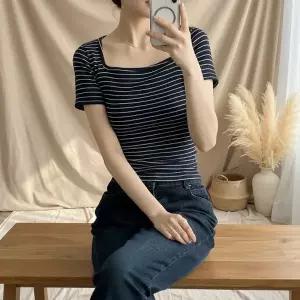 여성 단가라 스퀘어넥 크롭티 슬림핏 골지반팔