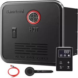 밴터드 RV 탱크리스 온수기 55000 BTU 고고도 사용 가능 15 x 인치 블랙 도어 및 전면 수도구 DC 12V 모든