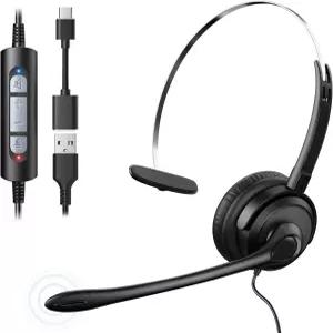 마이크가 있는 보이스틱 USB 헤드셋 노이즈 캔슬링 노트북/PC용 유선 컴퓨터 업무 사무실 팀 줌 스카이프