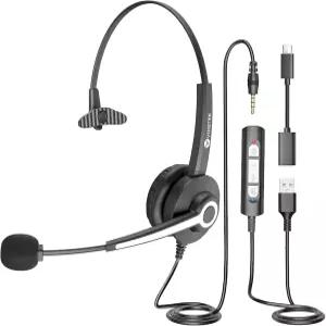 마이크가 있는 USB 헤드셋 PC 노트북용 컴퓨터 헤드폰 노이즈 캔슬링 유선 작업 및 홈 오피스 팀 회의