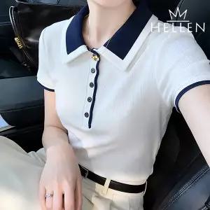 [하프클럽/헬렌]헬렌 배색 카라넥 반팔 반소매 여름 얇은 니트 심플 카라 출근룩 셀카라반팔니트 T-074