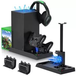 Xbox Series X 콘솔 및 컨트롤러용 MENEEA 냉각 팬 충전 스탠드 X용 1400mAh 충전식 배터리 2개가 장착된