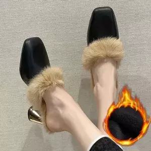 [하프클럽/]여성 퍼 뮬 여성 겨울 뮬 스퀘어코 펌프스 블로퍼 슬리퍼 퍼펌프