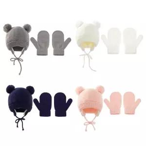 2PC 니트 장갑 모자 세트 단색 가을 겨울 귀 보호 비니 소녀 소년 귀여운 야외 전쟁