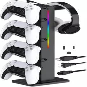 컨트롤러 홀더가 있는 KAFRI RGB 게이밍 헤드폰 스탠드 접이식 충전 케이블이 책상 정리함 AC 콘센트 2개