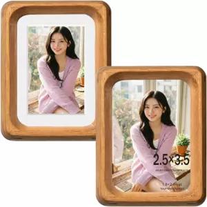 프레임버 나무 액자 2개 세트 2.5x3.5 소형 폴라로이드 1.8x2.4인치로 매팅된 실물 유리 티크 솔리드 천연